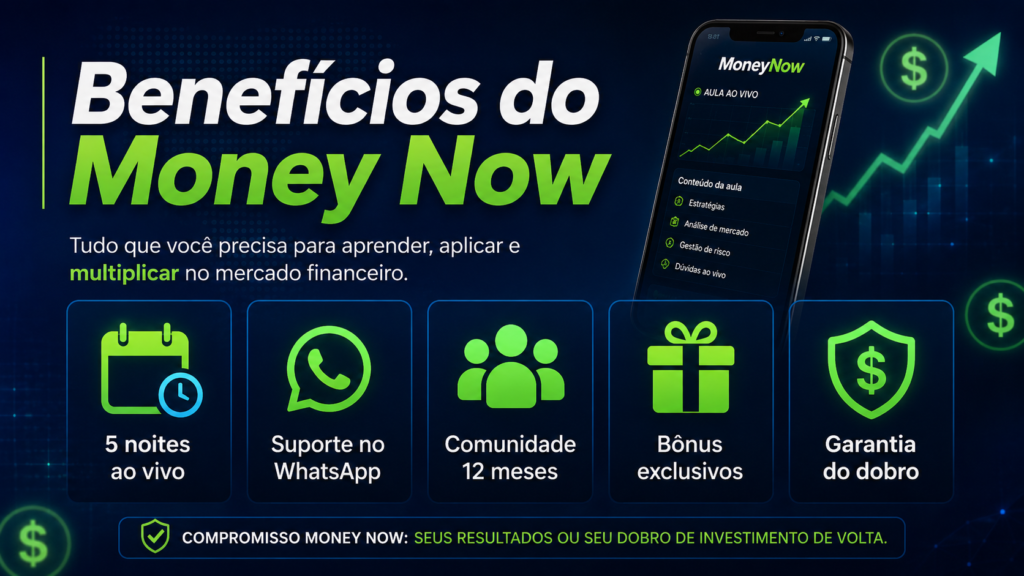 Benefícios do treinamento Money Now com aulas ao vivo suporte comunidade e garantia