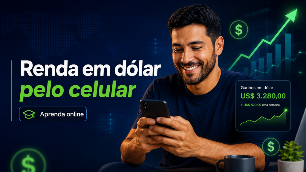 Pessoa usando celular para aprender renda em dólar online
